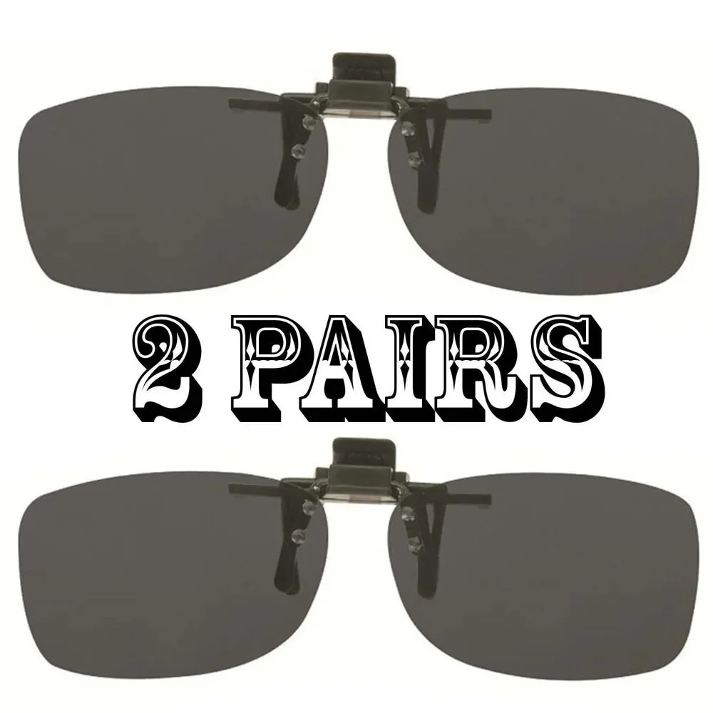 2 Pairs Gray Lens Rectangle Rx Eyeglasses Clip On Flip Up Driving Sun Glasses